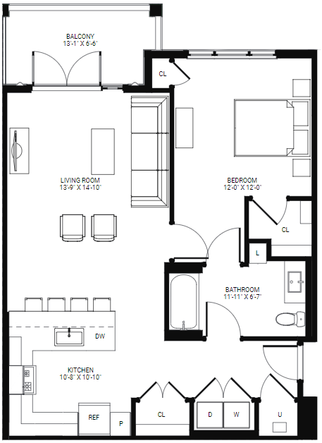 1 Bedroom Floor Plan with 881 Sq. Ft. at Glen Oaks Apartments in Wall, NJ